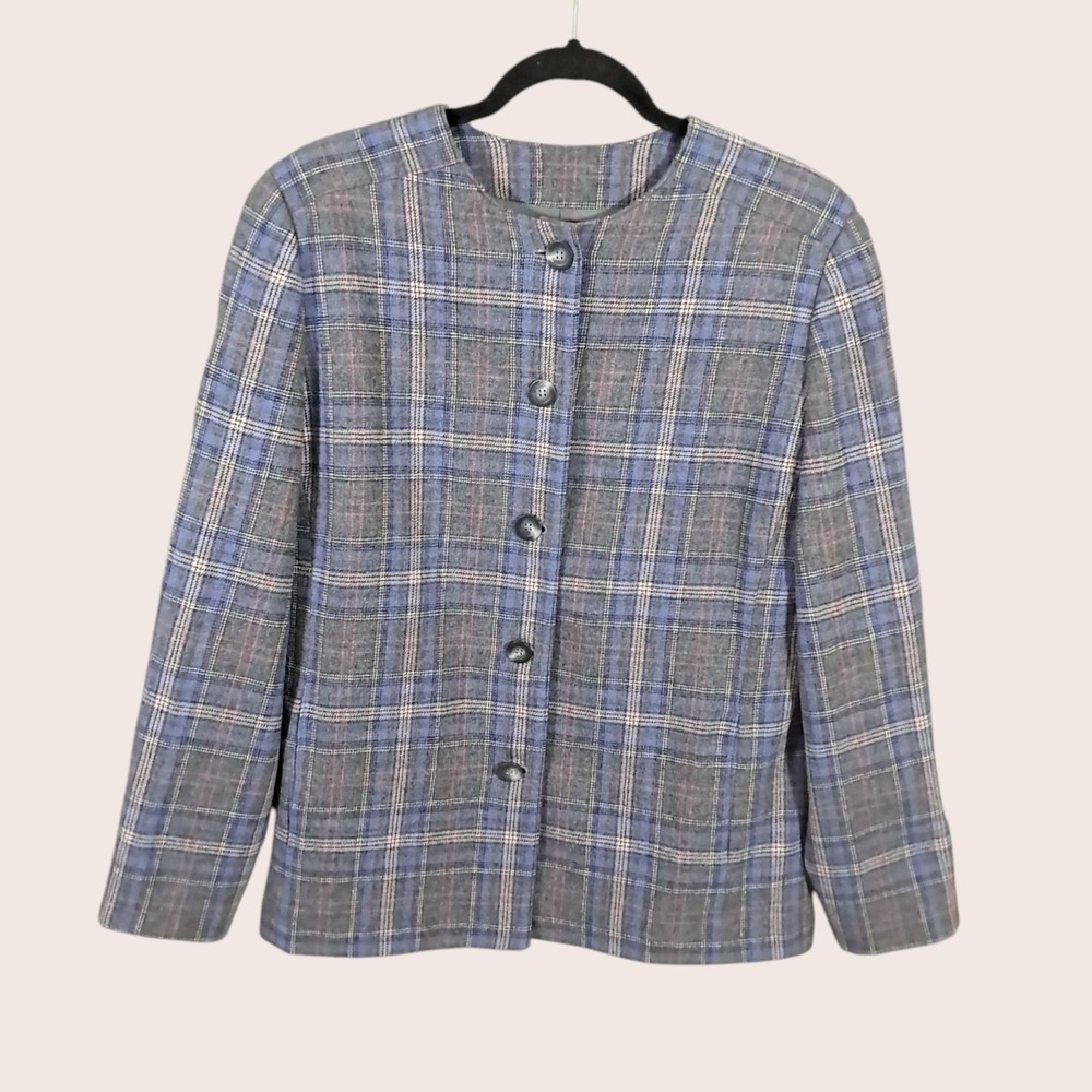 Vintage Pendleton Wool Blazer Womens Size Large Gray Purple Plaid Classic Boxy‎